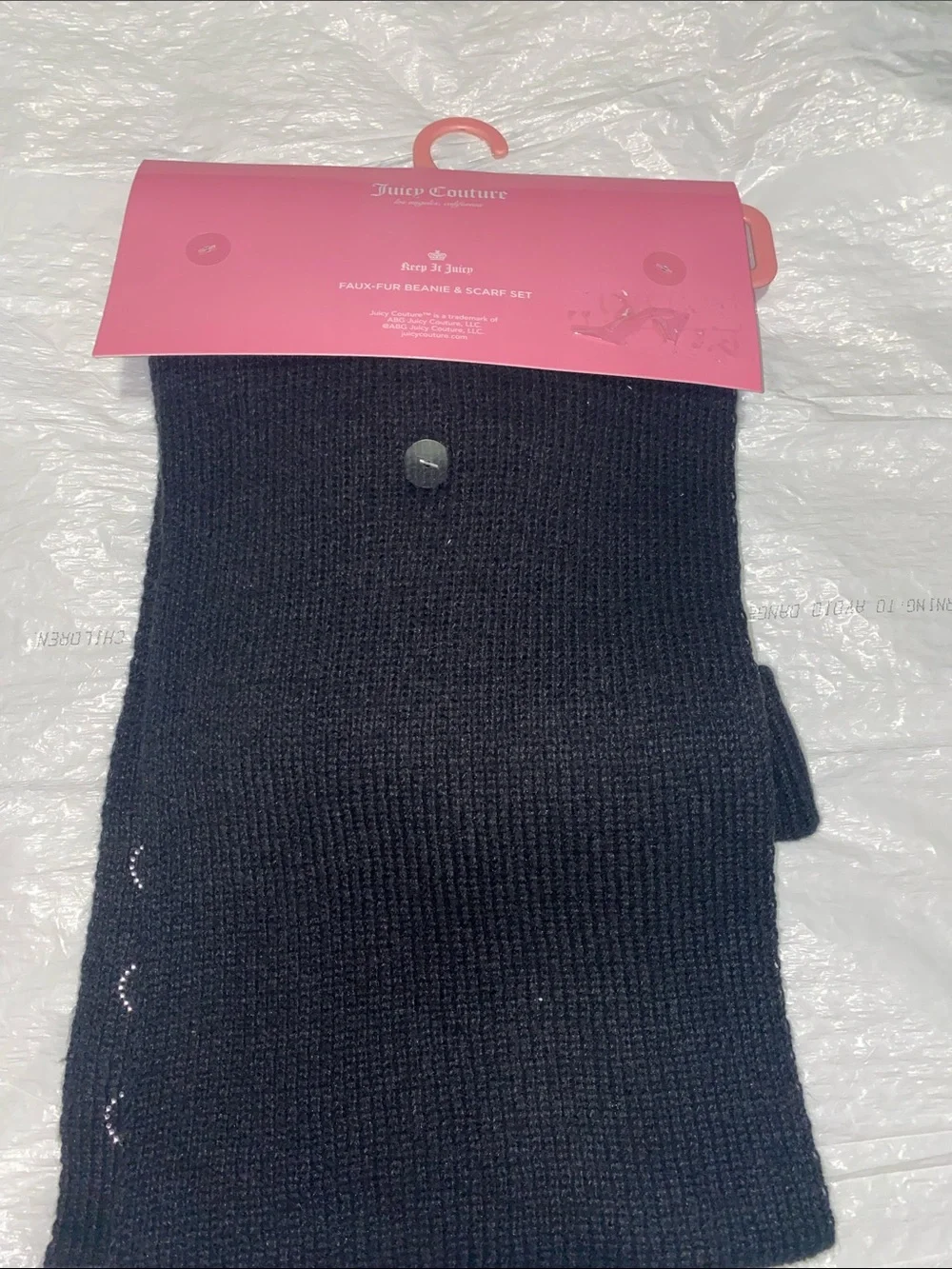 Juicy Couture Black Rhinestone Heart Pom Beanie and Scarf Set